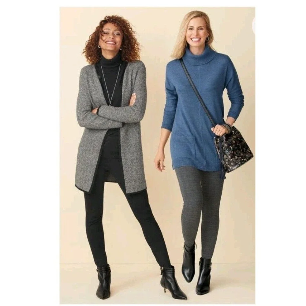 Talbots Cardigan Sweater Textured Open Front Marled Long Sleeve Black Gray XS - Picture 2 of 15